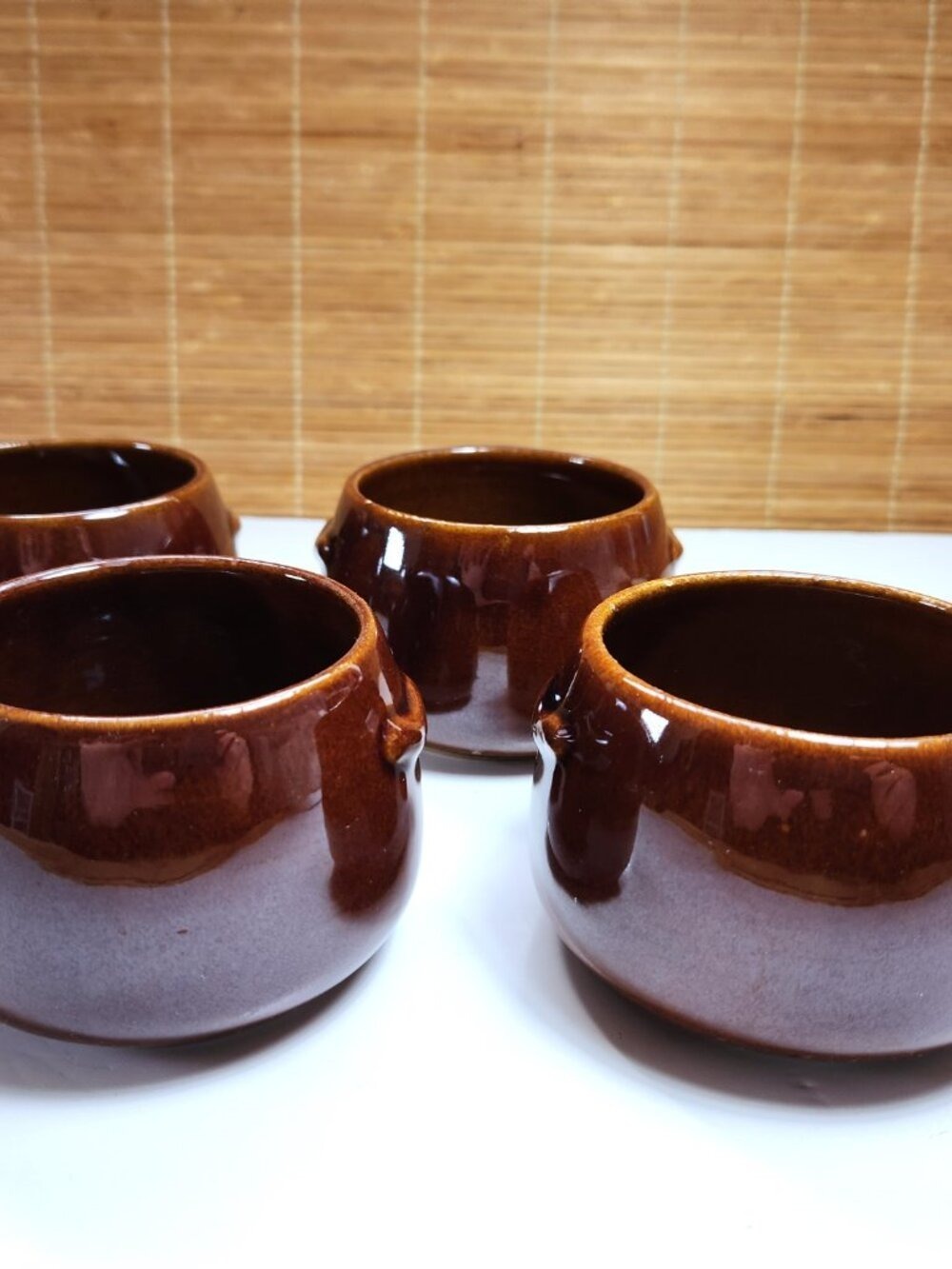 Vintage Westbend Stoneware Brown Drip Glaze Bean Soup Bowls 12 oz Set of 4 1960s